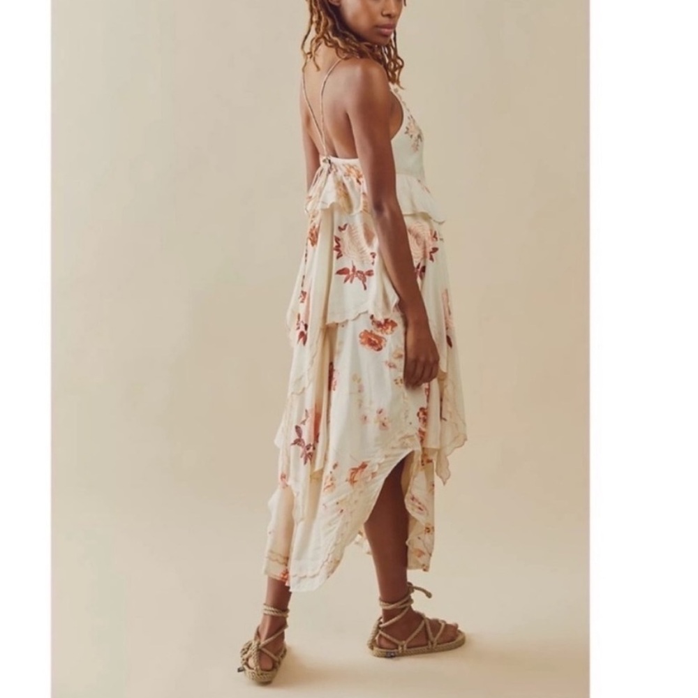 Free People Audrey Floral Rose Embroidered Layered Ruffle Lace Up Midi Dress